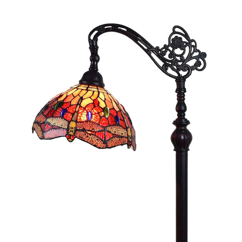 Arched Tiffany Style Floor Lamp With Stained Glass Dragonfly Shade 62 Inch Tall Adjustable Arch Vintage Vibes Red Yellow Green Glass