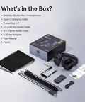 Ultra Low Latency Wireless DJ Headphones With 20ms Lag, 120 Hour Battery, accessories like cables, adapter, and pouch displayed.