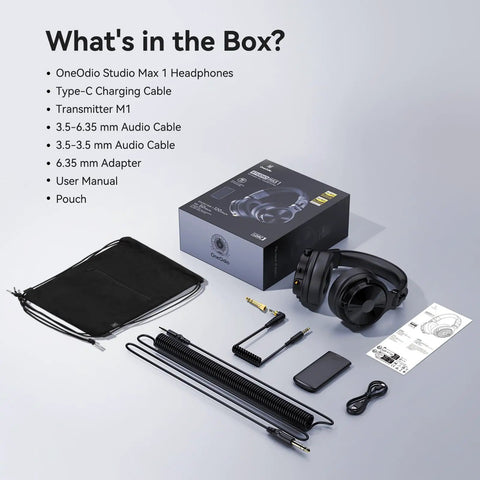 Ultra Low Latency Wireless DJ Headphones With 20ms Lag, 120 Hour Battery, accessories like cables, adapter, and pouch displayed.