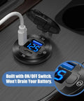 Close-up of Built Tough All Aluminum 12V USB Car Socket 3-Port Marine Fast Charger with voltmeter and on/off switch in use