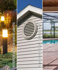 Composite image showing exterior garden lights, a house attic fan, and a poolside deck with text labels.