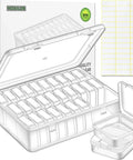 Clear Bead And Small Parts Storage Organizer Case With 30 Mini Compartments, Hinged Lid, And Label Stickers, front view