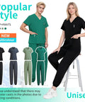 Unisex Medical Scrubs Set With Jogger Pants And Multi Pocket Top, Adjustable Drawstring Waist For All Body Types, breathable moisture wicking fabric in green and black, suitable for nurses and doctors.