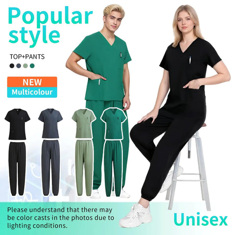 Unisex Medical Scrubs Set With Jogger Pants And Multi Pocket Top, Adjustable Drawstring Waist For All Body Types, breathable moisture wicking fabric in green and black, suitable for nurses and doctors.