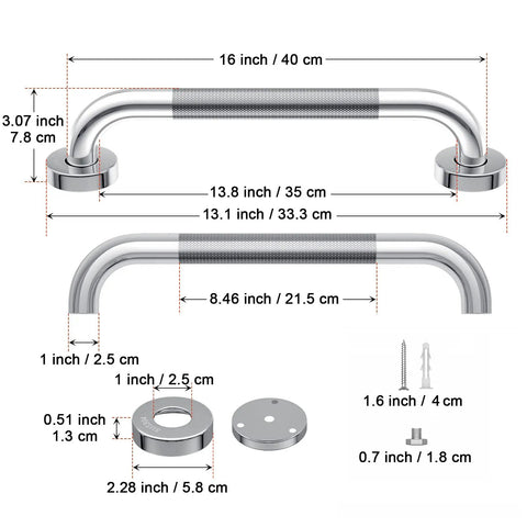 Dimensions diagram of 16 Inch Anti Slip Shower Grab Bar With Grippy Textured Knurled Grip, Chrome Stainless Steel Bathroom Safety Hand Rail