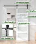 Dope White Frosted Glass Barn Door 30 X 84 Inch Size with hardware specs and dimensions displayed in modern interior.