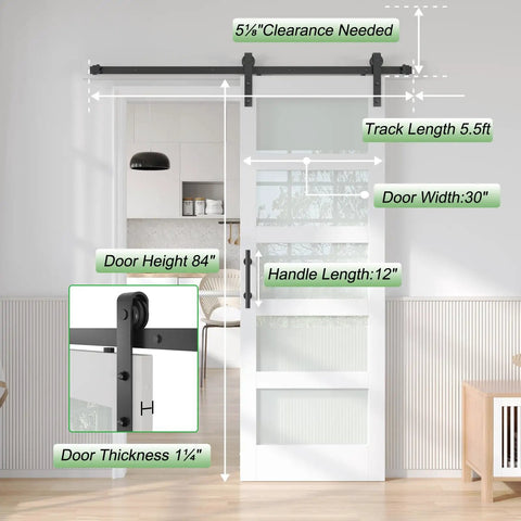 Dope White Frosted Glass Barn Door 30 X 84 Inch Size with hardware specs and dimensions displayed in modern interior.