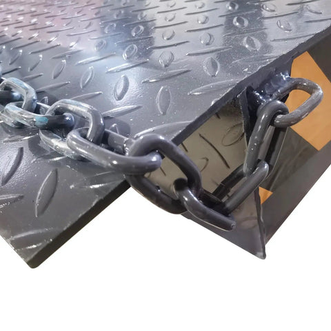 Close-up of Hardcore 59X79 Heavy Duty Dock Board And Container Ramp Built Like A Tank For 13228 Lb Loads showing anti-slip surface and chain.