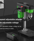 XVIIUIFOI Mini Drill Press With Dual Power Modes Adjustable Depth Control For Wood Metal Steel PVC Projects Ideal Benchtop Drilling Machine showing 7-speed adapter and drill setup.