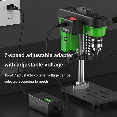XVIIUIFOI Mini Drill Press With Dual Power Modes Adjustable Depth Control For Wood Metal Steel PVC Projects Ideal Benchtop Drilling Machine showing 7-speed adapter and drill setup.