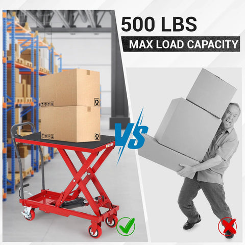 Front view of a red hydraulic lift table cart with a black non-slip top lifting a box in a warehouse, 500 lb capacity.
