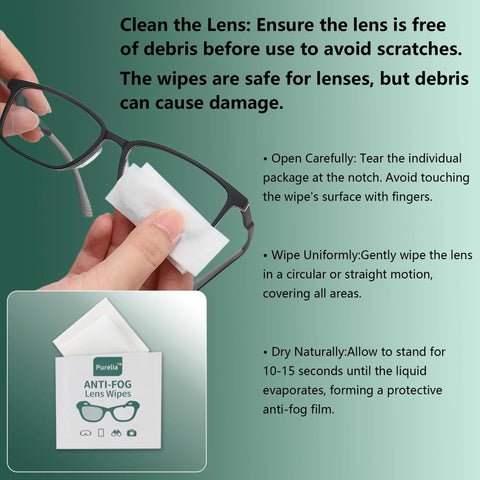 Front view: Purelia Anti-Fog Lens Wipes package (100-count) with a hand wiping eyeglasses using a white pre-moistened wipe.