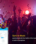 Party scene showcasing 50 Ft LED Strip Lights Kit For Bedroom With App Control And IR Remote, music sync feature highlighted.