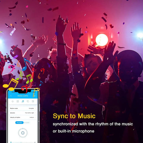 Party scene with people dancing under lights, mobile app interface displayed for 50 Ft Led Strip Lights For Bedroom Color Changing Kit Music Sync