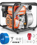 Heavy Duty 7HP Gas Powered Water Pump Pulling 242 GPM Through 3 Inch Intake Featuring A Knockout Cast Iron Impeller Plus 25 Foot Discharge Hose.