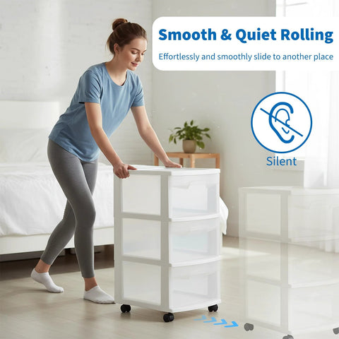 Front view of a white plastic 4-drawer rolling storage cart with swivel casters.