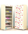 Seven Tier Portable Shoe Rack With Non Woven Fabric Cover Rock Solid Steel Frame Closet Tower And Fly Shoe Organizer with colorful shoes.