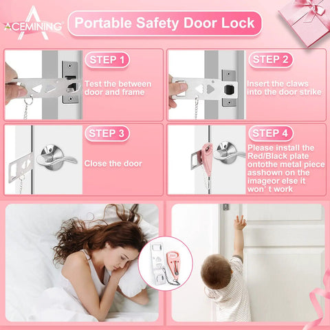 Pink 4 Pack Portable Door Locks With Door Stop Alarms For Extra Privacy And Home Security Easy Tool Free Setup For Travel Hotels Dorms Apartments College Students installation steps and usage examples