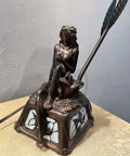 Lily Flower Tiffany Style Stained Glass Table Lamp With Girl Figurine Base, close-up of bronze girl figurine on lamp base