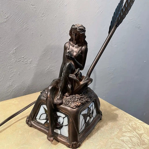 Lily Flower Tiffany Style Stained Glass Table Lamp With Girl Figurine Base, close-up of bronze girl figurine on lamp base