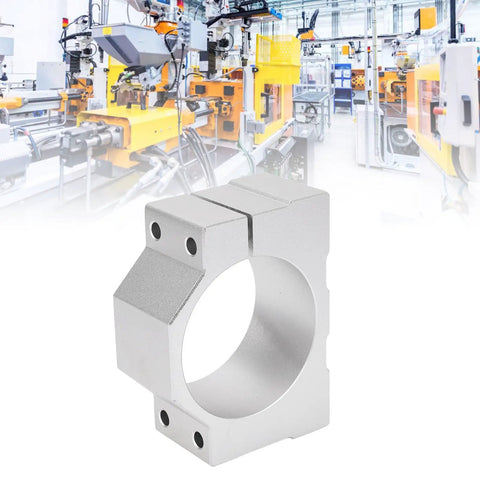 Heavy Duty Aluminum CNC Router Spindle Clamp With 65 Millimeter Exact Fit Motor Shaft Mount Bracket shown in factory background.