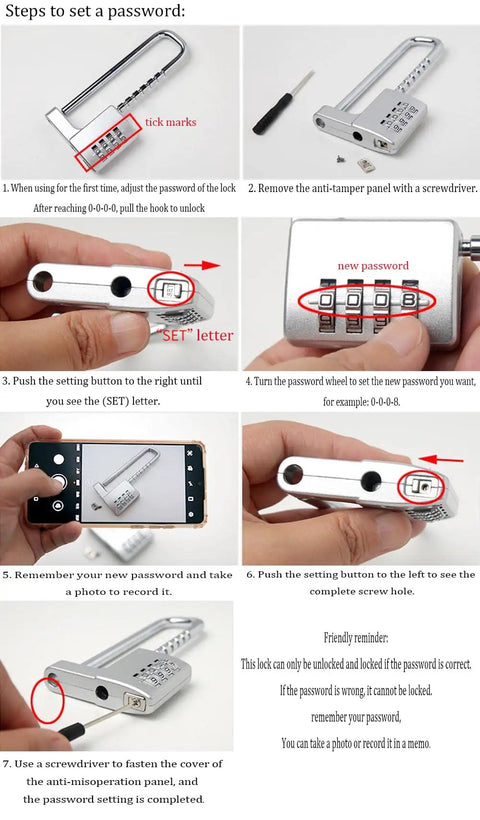 Instructions for setting the password on a 4 Digit Combo Padlock With Two Point Five Inch Wide Body And Three Eighths Inch Stainless Steel Retractable Shackle Outdoor Ready Lock For School Gym Lockers Fences Durable Zinc Alloy Build Easy To Remember Password.