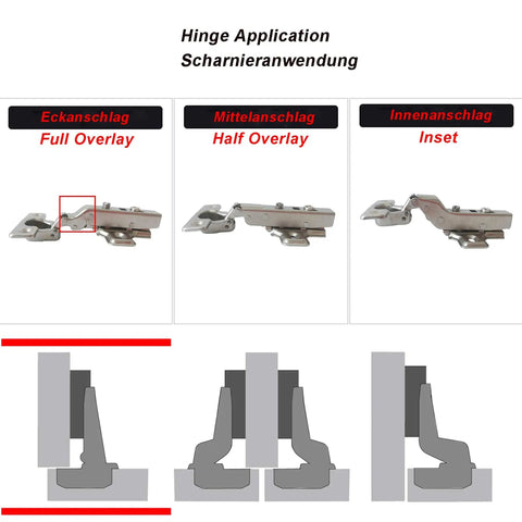 Heavy Duty Full Overlay 95 Degree Cabinet Hinges With Soft Closing Damper Clip On Mounting For Kitchen Cupboards And Wardrobes No Hassle Setup Plus Height Adjustment For Smooth Glide Every Time Pack Of Four hinge application comparison image.