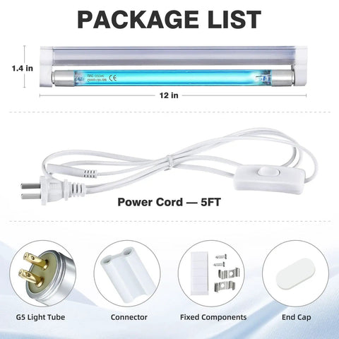 Package contents of 6W UV C Light Sanitizer Lamp With 253.7Nm UV C Bulb, including 5ft on off power cord.