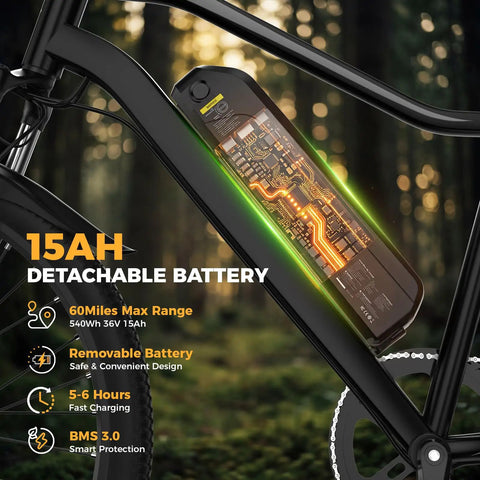Huge 1500W Motor Electric Bike With Super Long Range And Swift Commuting Powers For Urban Rides Featuring Bold 26 Inch Tires And Heavy Duty Build For Any Terrain You Want To Crush Today removable 15Ah battery in black frame
