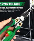 Heavy Duty 8-in-1 Wire Stripper Pliers With Built-In Voltage Tester in use, showcasing electrical measurement function and buzzer alarm.