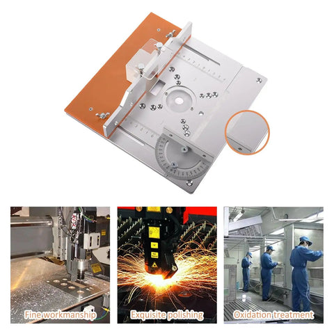 Pro Grade Aluminum Router Table Insert Plate Kit With Slick Sliding Fence Setup and Dependable Miter Gauge Track for No Sweat Benchtop Woodworking Builds, top view showing precise alignment features.