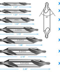 Front view of seven-piece center drill bit set, M2 HSS, 60-degree bits, sizes 1.0-5.0 for lathe metalworking