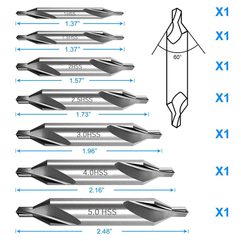 Front view of seven-piece center drill bit set, M2 HSS, 60-degree bits, sizes 1.0-5.0 for lathe metalworking
