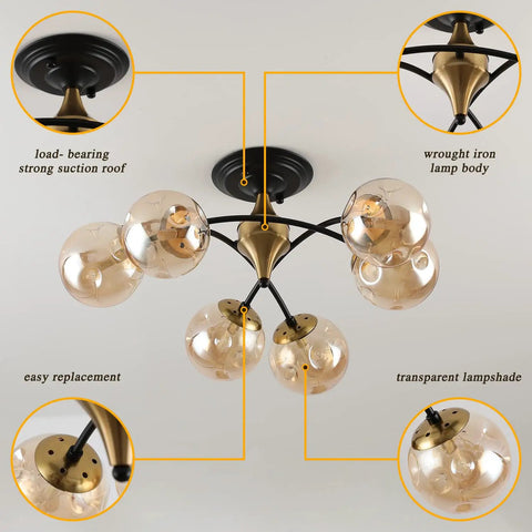 Bold Black Chandelier Lighting With Glass Orbs featuring a dope modern design, stylish for dining rooms, black frame with gold accents