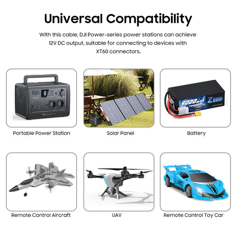 Universal compatibility showing DJI Power SDC To XT60 Cable For 12V DC Output Rugged XT60 Lead ideal for power stations and XT60 gear