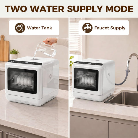 Game Changing Portable Countertop Dishwasher Featuring A Built In Water Tank And Five Wash Cycles To Run Slick And Spotlessly Clean Up To Twenty Eight Pieces For Tight Kitchens And Dorm Layouts with water supply options.