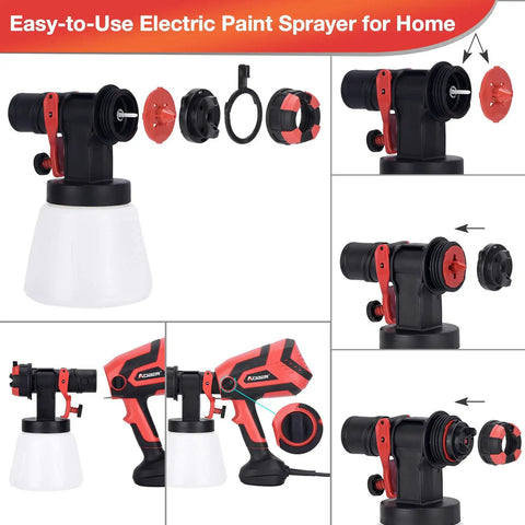 Powerful HVLP Paint Sprayer With 750W Motor And 4 Nozzles, 1000ml Cup For Home And Outdoor Projects, shown disassembled in bright red.