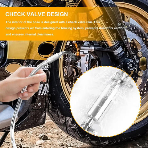 Heavy Duty Two Pack Brake Bleeder Hose Straight Up Game Changer Design With One Way Check Valve slick rubber hose in use near motorcycle brakes.