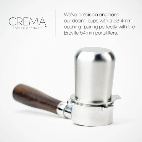 54mm Dosing Cup For Espresso Pros, Stainless Steel With Built In Grinder Tab resting on a portafilter, brushed silver finish