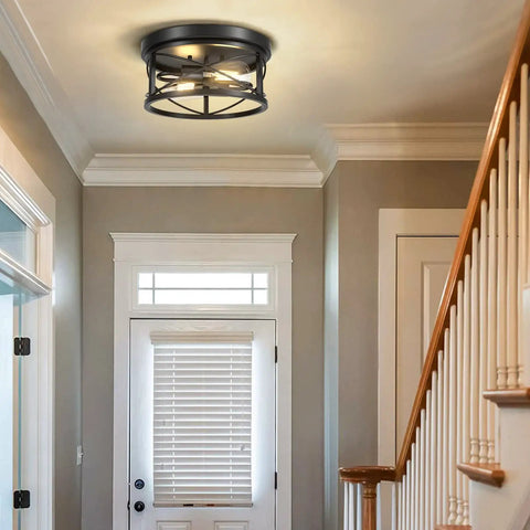 Industrial Flush Mount Ceiling Light Black 2 Light Metal Cage Farmhouse Ceiling Fixture for Kitchen Dining Room Porch Hallway Close to Ceiling Dope Rustic Vibe in modern hallway