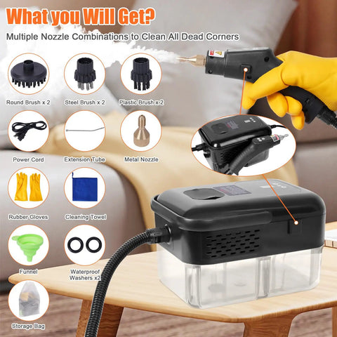 Top Tier 15 In 1 Handheld Steam Cleaner With Smooth Button Control Handle and Easy Gear Switching for deep home and car upholstery cleaning showing multiple nozzle attachments.