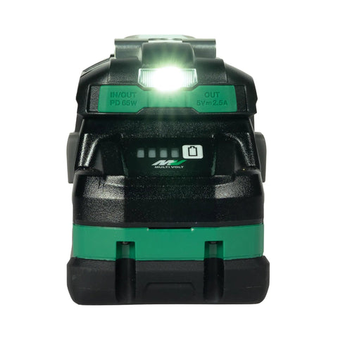 Front view of 18V And 36V Slide Battery Charger With Dual USB C Ports, Fast Charging For 18V And 36V Batteries And USB Devices, Built In LED Light And Belt Hook, Charges Two Devices At Once with LED on