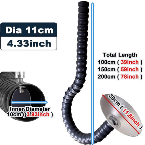 Adjustable Flexible Smoke Extractor Duct Hose With 360 Degree Swivel Arm delivering fume extraction, 11cm diameter and multiple lengths.