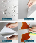 Stainless Steel Look Self Adhesive Vinyl Contact Paper 15.74 Inch By 708.66 Inch For Appliances Kitchen Countertops Heat Resistant Easy Install Roll For Refrigerator Dishwasher Oven Door And Furniture showing waterproof, removable, self-adhesive, easy to clean features.