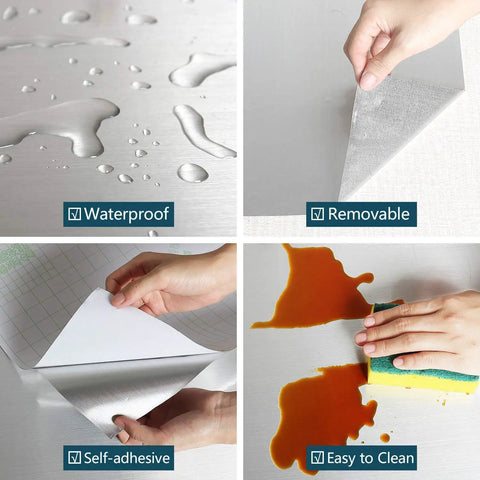 Stainless Steel Look Self Adhesive Vinyl Contact Paper 15.74 Inch By 708.66 Inch For Appliances Kitchen Countertops Heat Resistant Easy Install Roll For Refrigerator Dishwasher Oven Door And Furniture showing waterproof, removable, self-adhesive, easy to clean features.