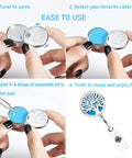 Heavy Duty Retractable Badge Reel With Sturdy Alligator Clip And Built In Aromatherapy Patch showing step-by-step use instructions.