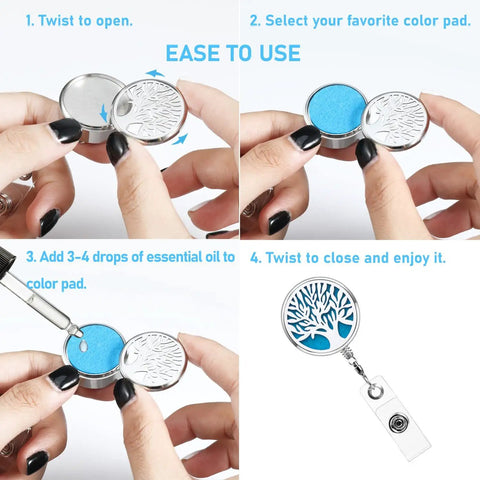 Heavy Duty Retractable Badge Reel With Sturdy Alligator Clip And Built In Aromatherapy Patch showing step-by-step use instructions.