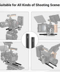 Kickass Aluminum 15mm Camera Rod Kit With Tight Fitting M12 Thread Connectors showing multiple camera setups for various shooting scenes.