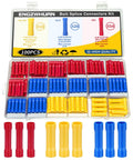 100 Pack Wire Butt Splice Connector Kit for 22-10AWG showing insulated connectors in red, blue, yellow compartments in open case