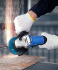 Badass 4.5 Inch Angle Grinder With 7.5 Amp Motor And 900W Power Delivers 11000 Rpm cutting through metal, emitting sparks, with protective gloves.